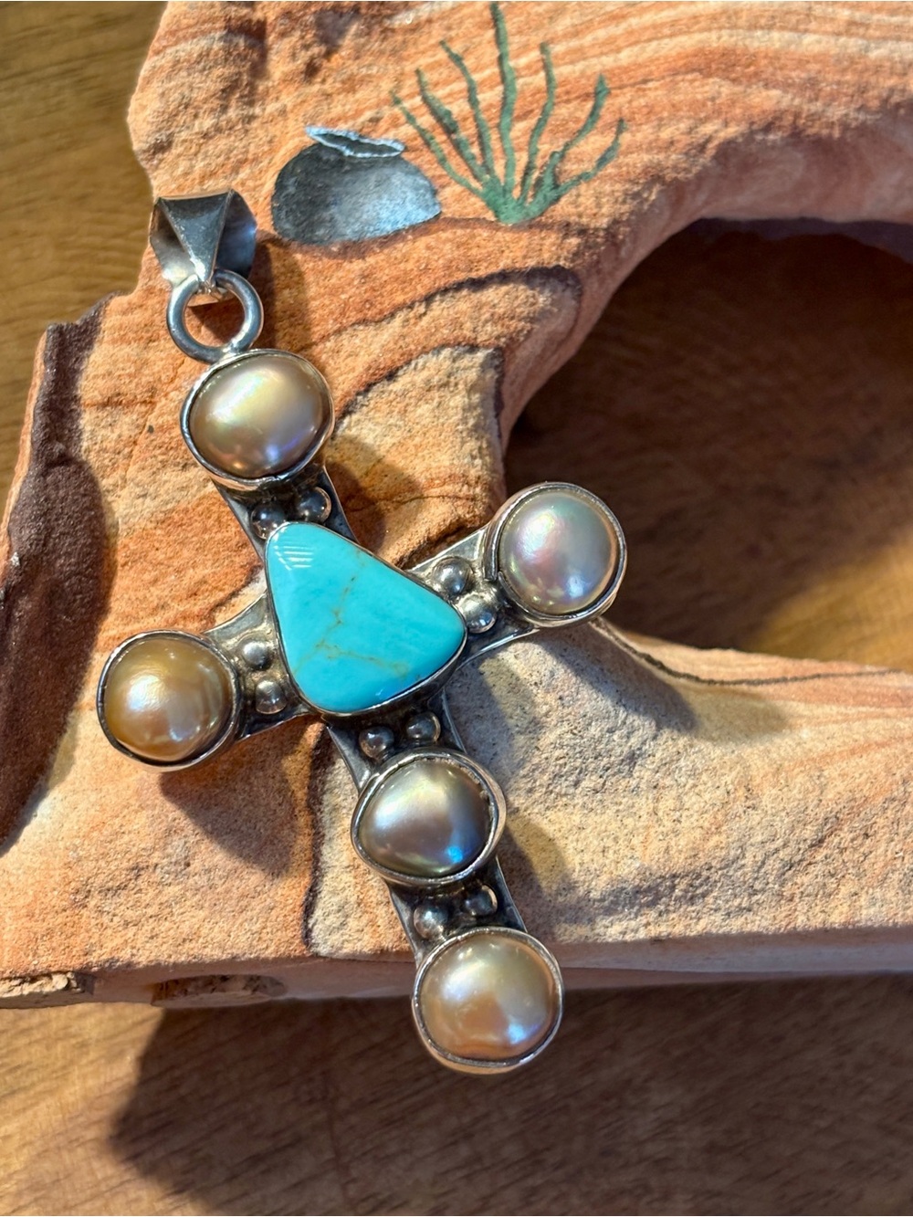 Vintage HOB Mexico Turquoise and Pearl Cross - 20 grams! 925 Silver Pendant